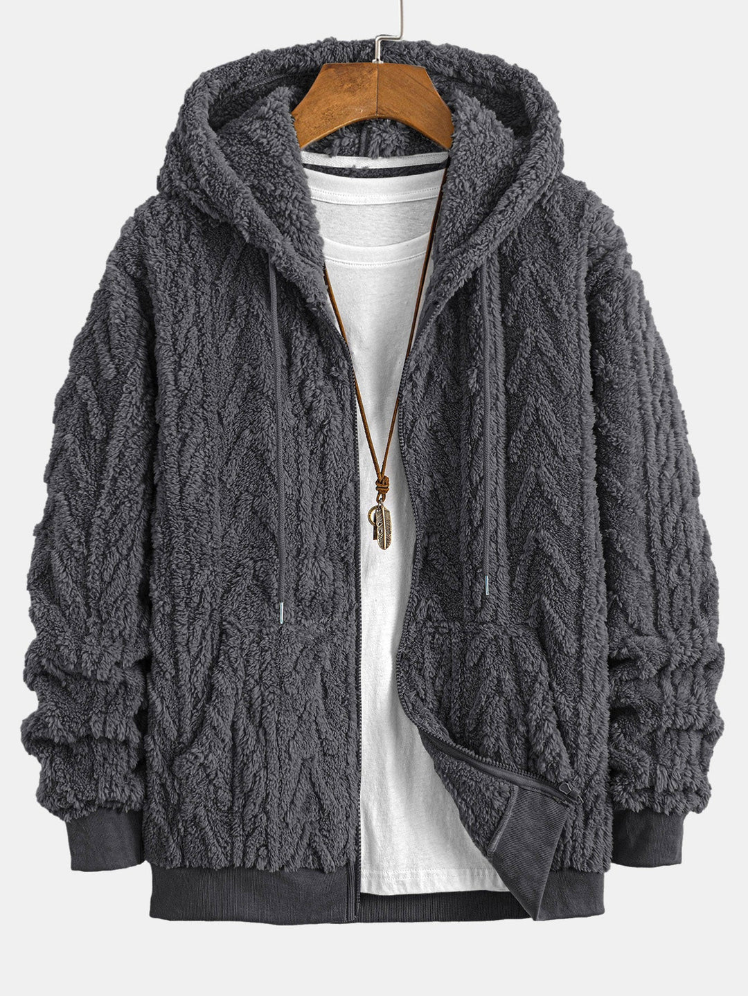 Klaas | Teddyhoodie met geometrisch jacquarddessin en ritssluiting