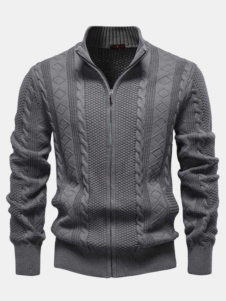 Abel | Jacquard kabeltrui met opstaande kraag en rits