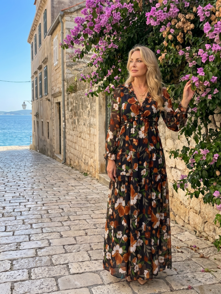 Nelleke | Maxi-jurk met Bloemenprint in Koraal