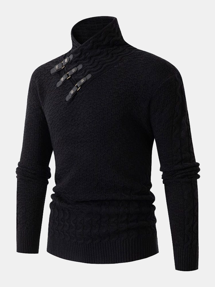Guus | Gebreide jacquard coltrui met leren gespdetails