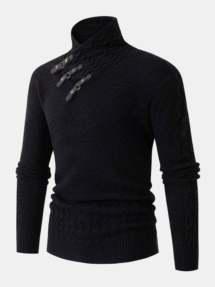 Guus | Gebreide jacquard coltrui met leren gespdetails
