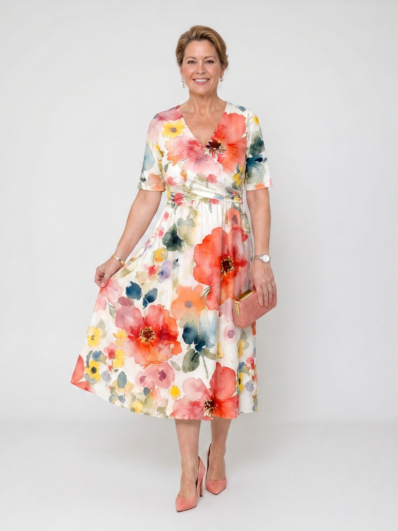 Gea | Midi-jurk met Aquarelbloemen