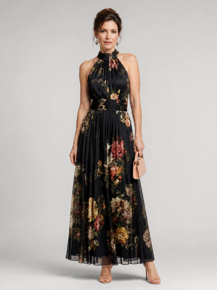 Miranda | Maxi-jurk met Rozenprint op Zwart