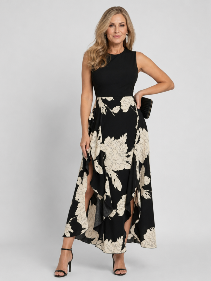 Colinda | Midi-jurk met Bloemenprint in Zwart