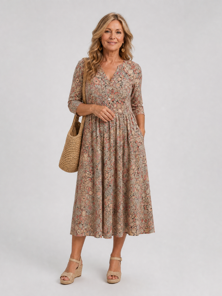 Wietske | Midi-jurk met Strooibloemen in Beige
