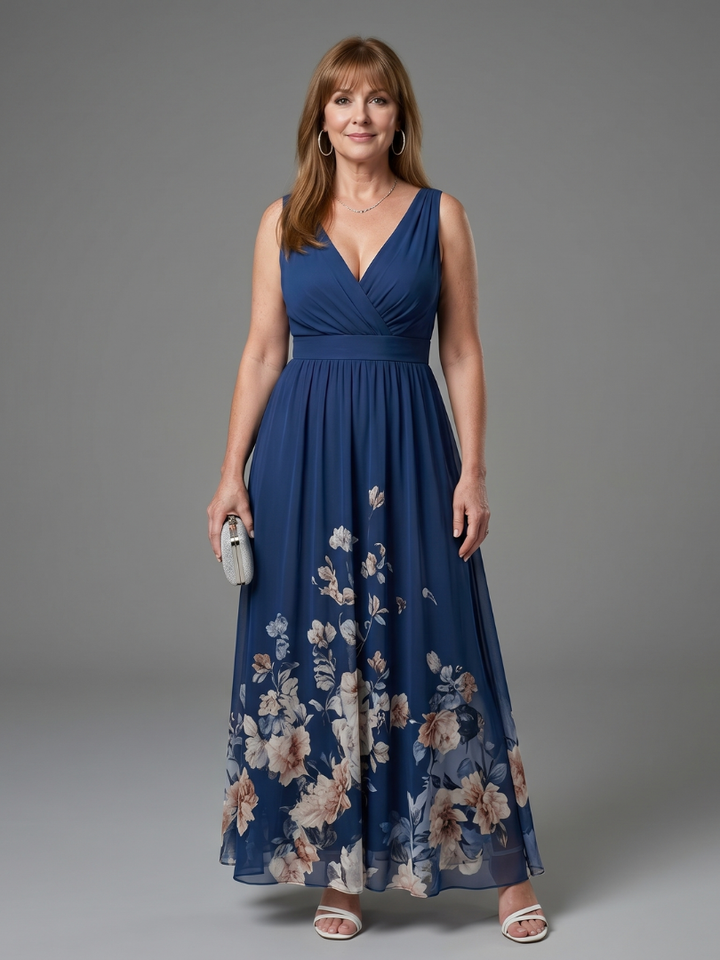 Yvette | Maxi-jurk met Bloemenzoom in Marineblauw