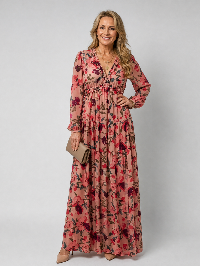 Nelleke | Maxi-jurk met Bloemenprint in Koraal