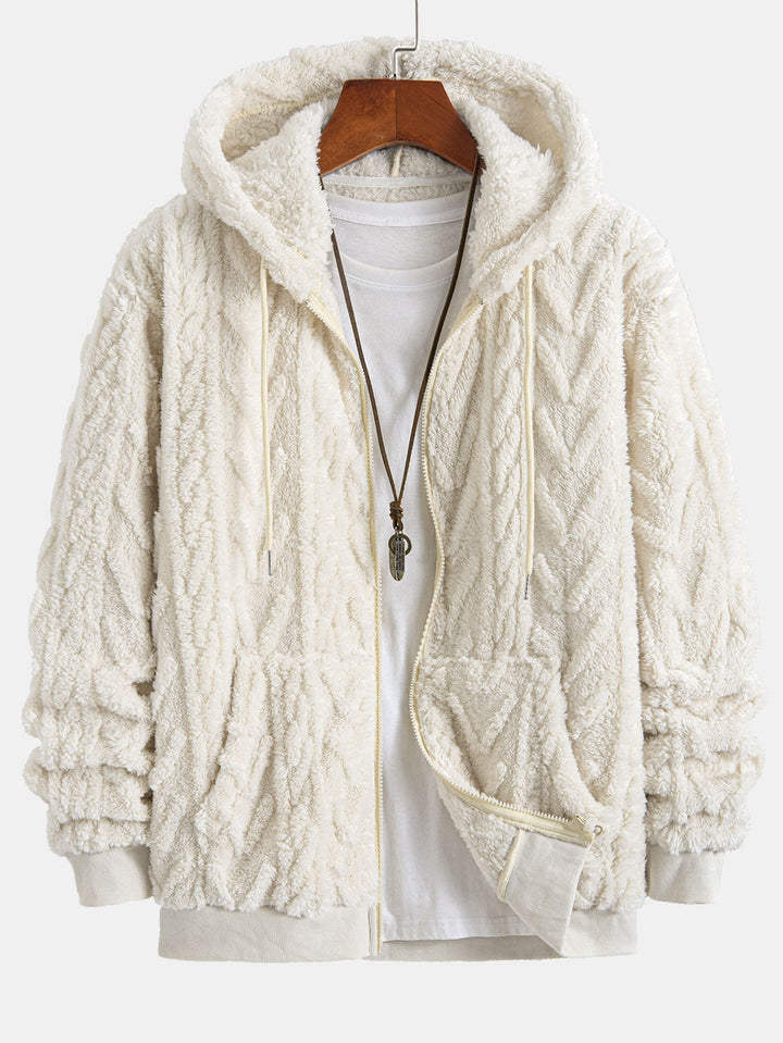 Klaas | Teddyhoodie met geometrisch jacquarddessin en ritssluiting
