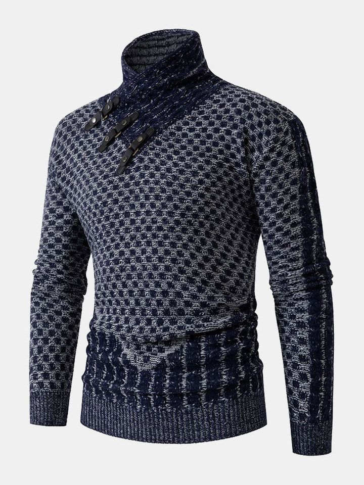 Guus | Gebreide jacquard coltrui met leren gespdetails
