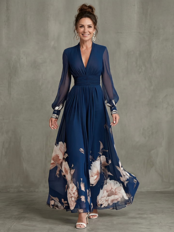 Erna | Maxi-jurk in Marineblauw met Bloemenrand
