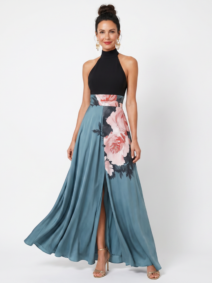 Vera | Maxi-jurk met Zwart Bovendeel en Bloemenrok