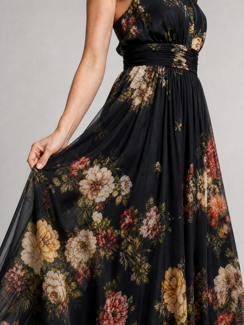Miranda | Maxi-jurk met Rozenprint op Zwart