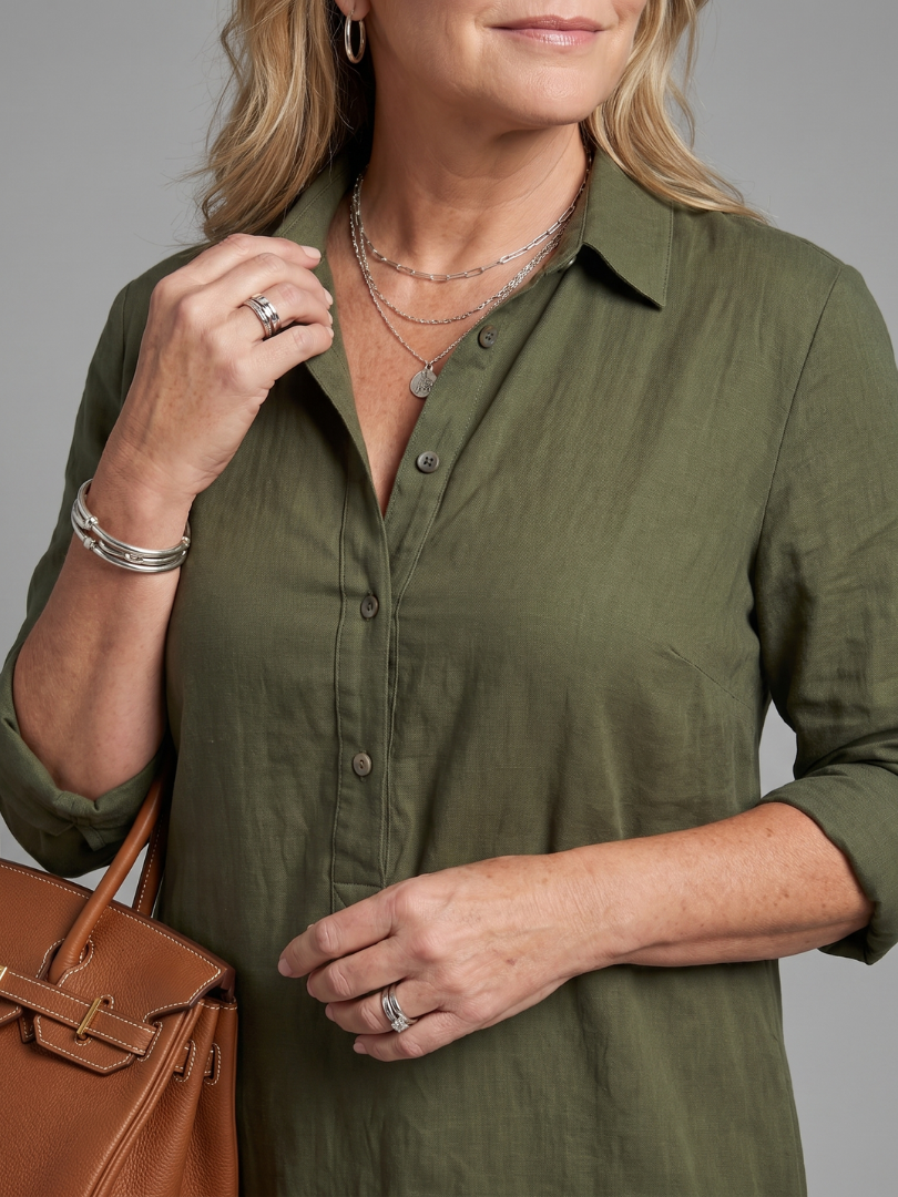 Hilde | Maxi-jurk in Olijfgroen met Linnenlook