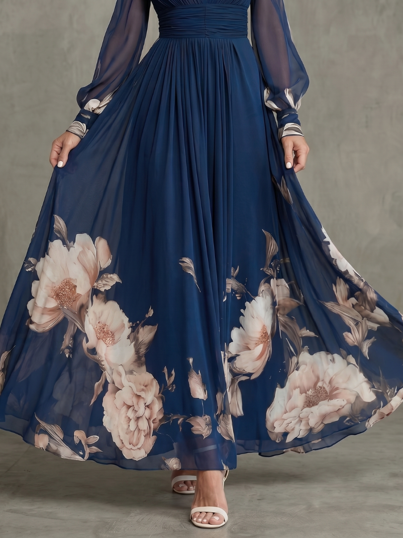 Erna | Maxi-jurk in Marineblauw met Bloemenrand