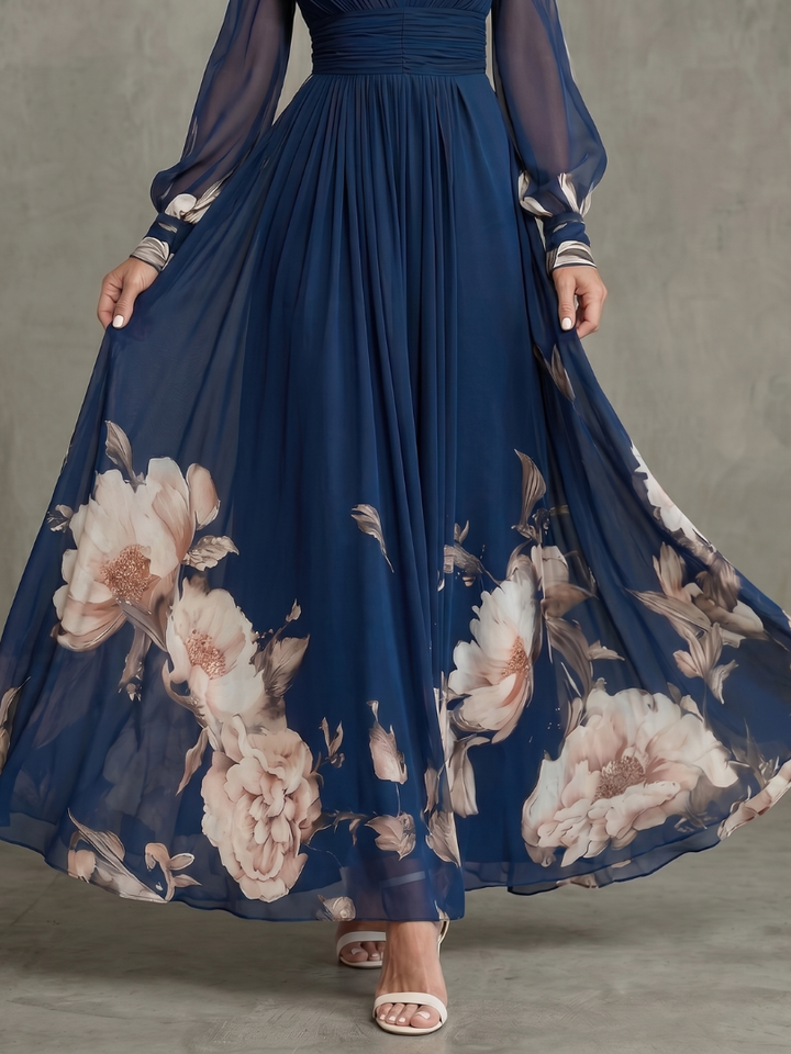 Erna | Maxi-jurk in Marineblauw met Bloemenrand