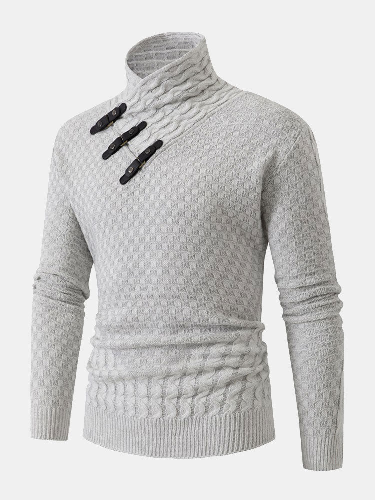 Guus | Gebreide jacquard coltrui met leren gespdetails