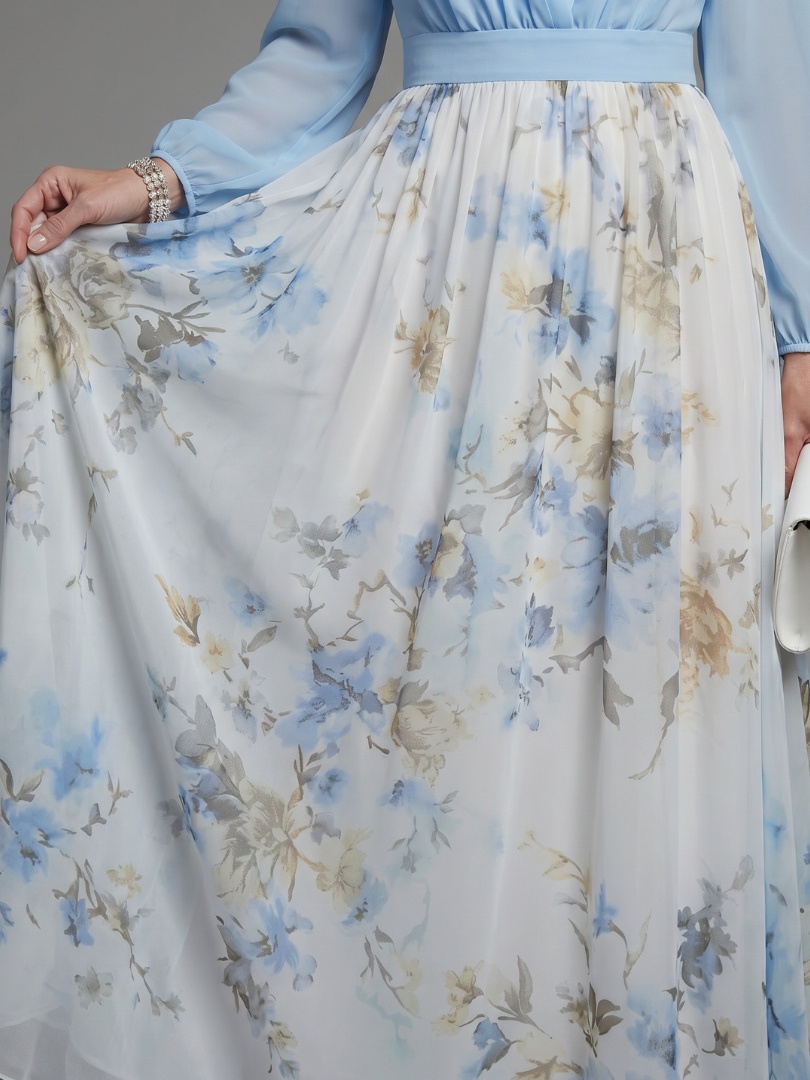 Marion | Maxi-jurk met Bloemenrok in Lichtblauw
