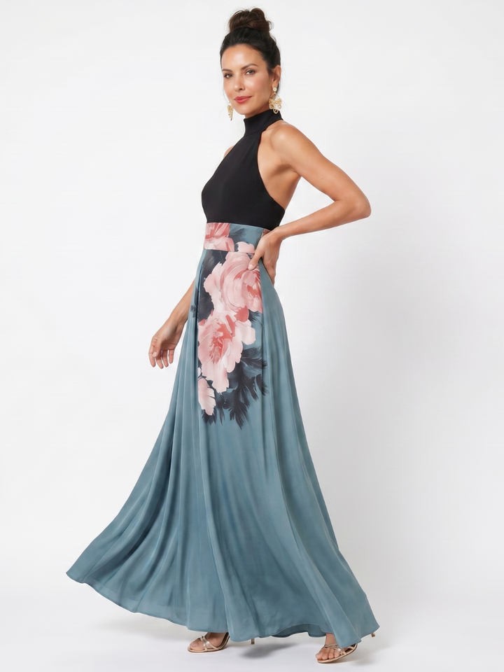 Vera | Maxi-jurk met Zwart Bovendeel en Bloemenrok