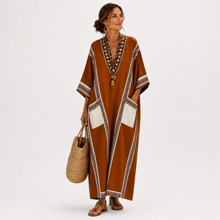 Jenny | Terracotta Kaftan met Etnisch Motief