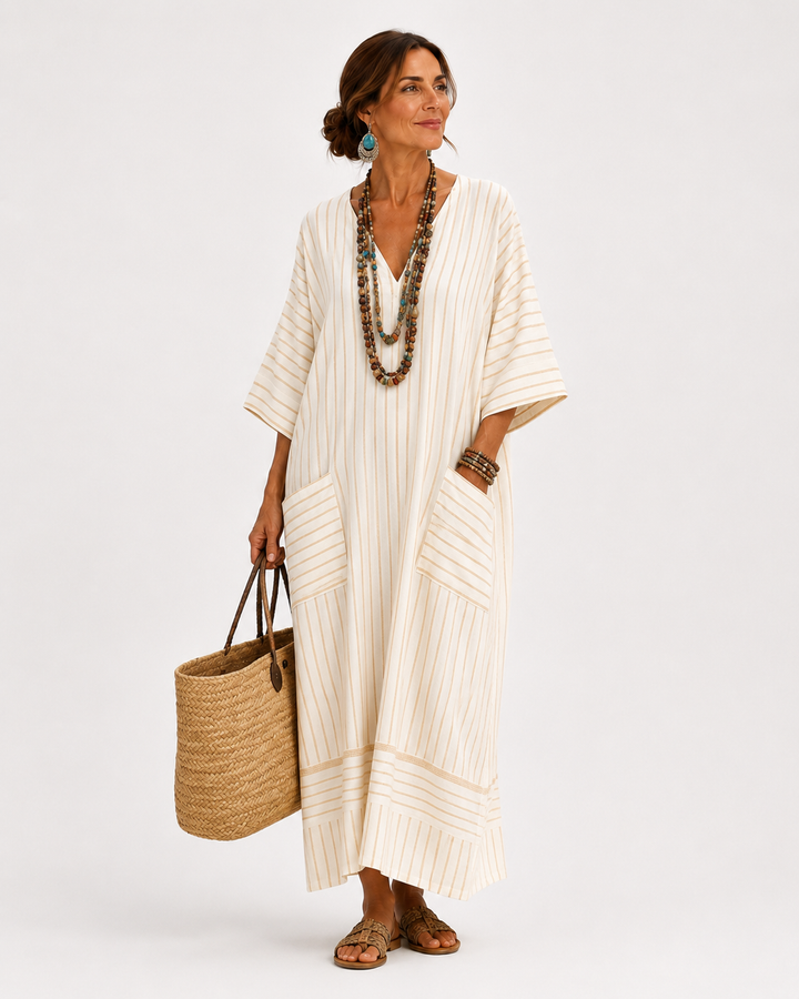 Tetske | Beige Kaftan met Strepen