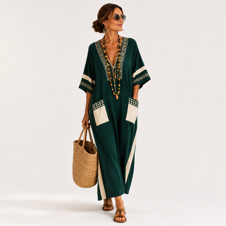Berta | Kaftan met Etnisch Motief in Groen