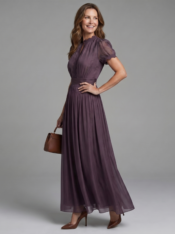 Denise | Maxi-jurk in Pruim met Pofmouwen