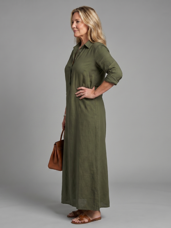 Hilde | Maxi-jurk in Olijfgroen met Linnenlook