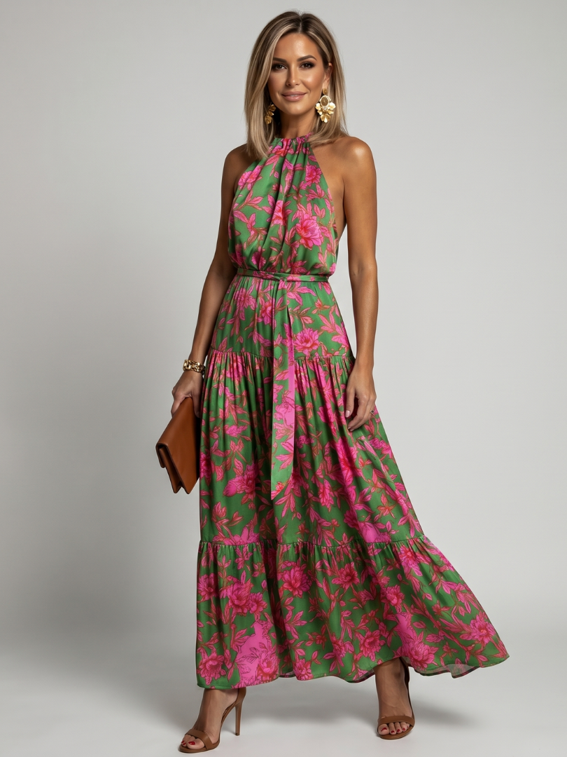 Sonja | Midi-jurk met Bloemenprint in Groen en Roze