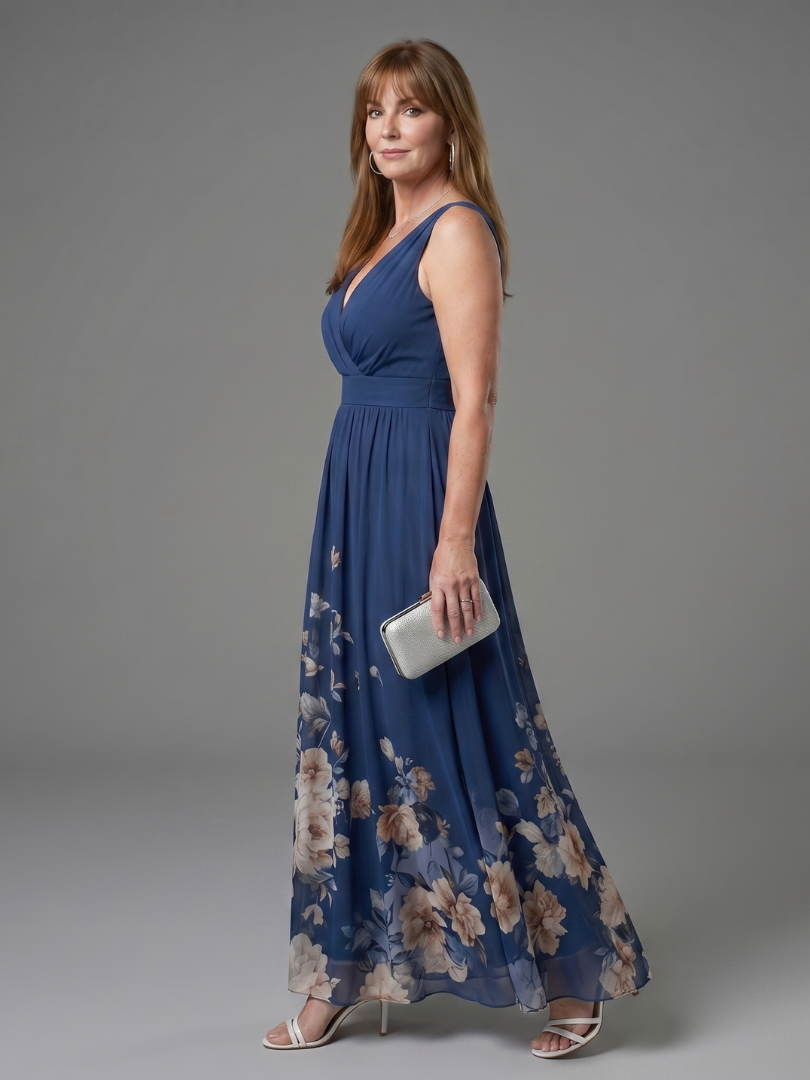 Yvette | Maxi-jurk met Bloemenzoom in Marineblauw