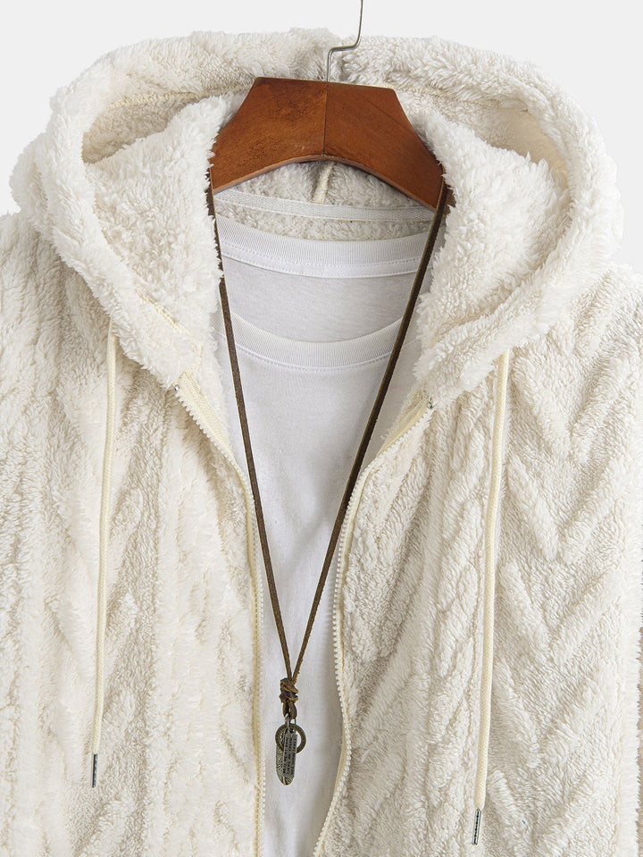 Klaas | Teddyhoodie met geometrisch jacquarddessin en ritssluiting