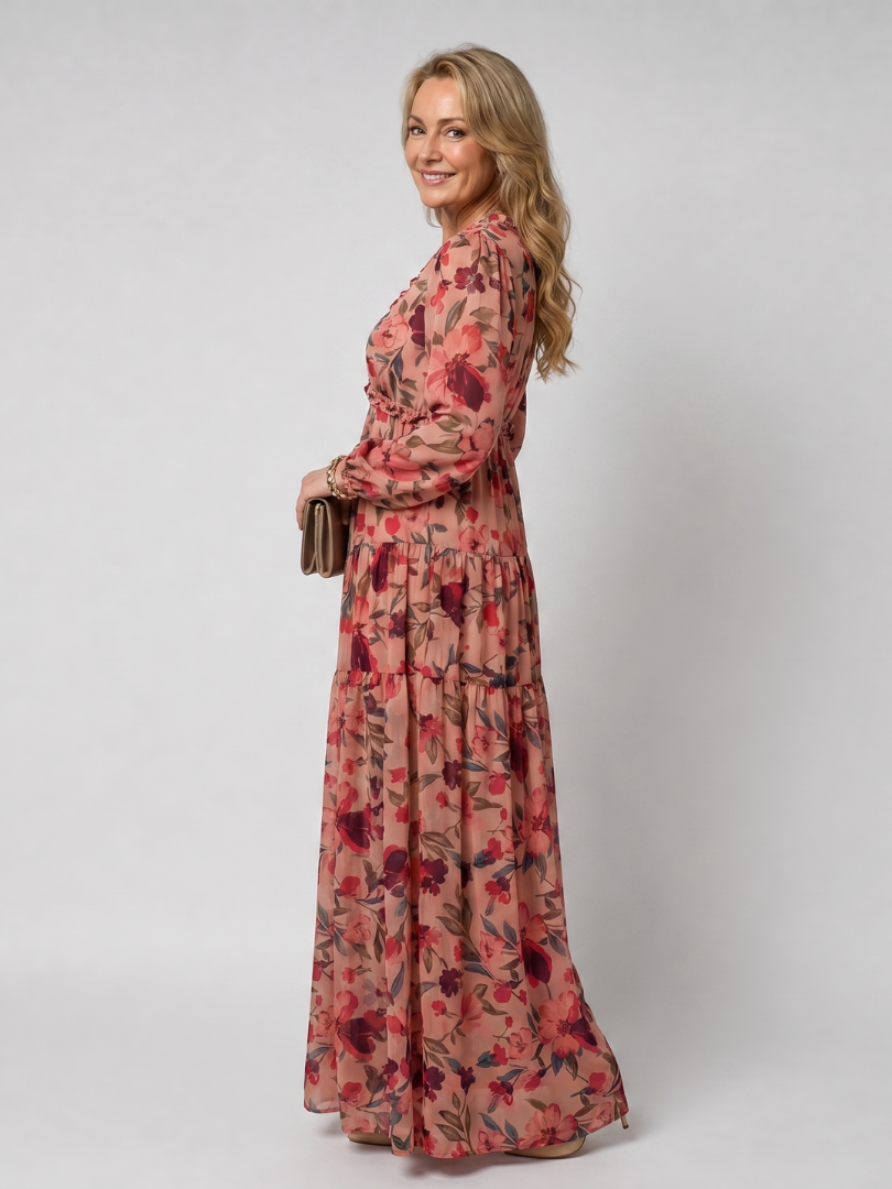 Nelleke | Maxi-jurk met Bloemenprint in Koraal