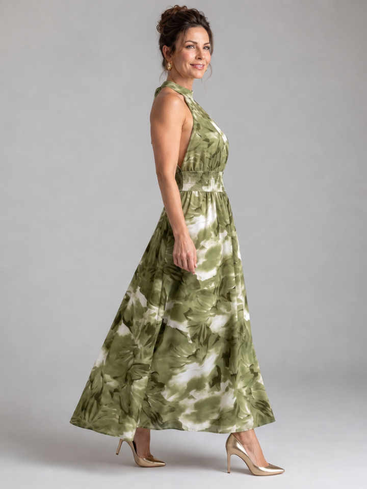 Claudia | Midi-jurk met Aquarelprint in Olijfgroen