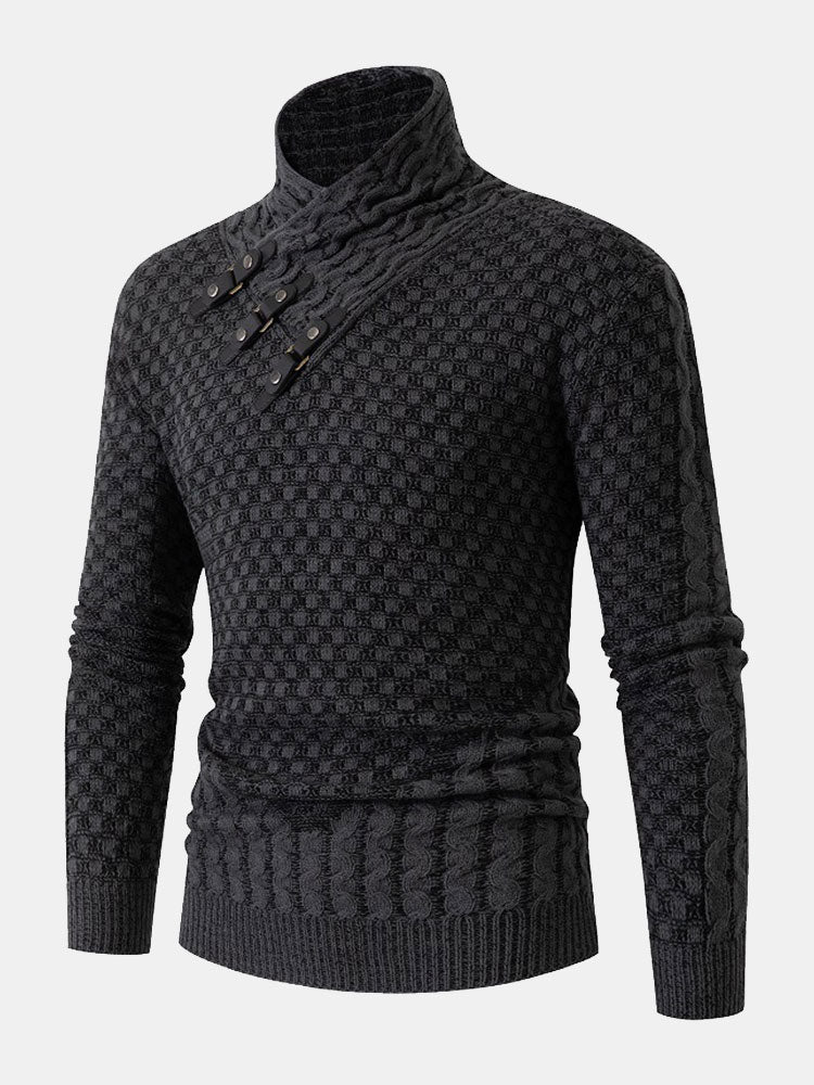 Guus | Gebreide jacquard coltrui met leren gespdetails
