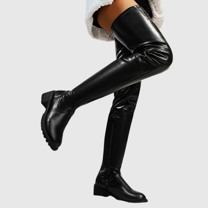 Noortje | Leren overknee-laarzen met chunky hak