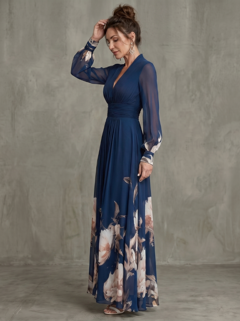 Erna | Maxi-jurk in Marineblauw met Bloemenrand