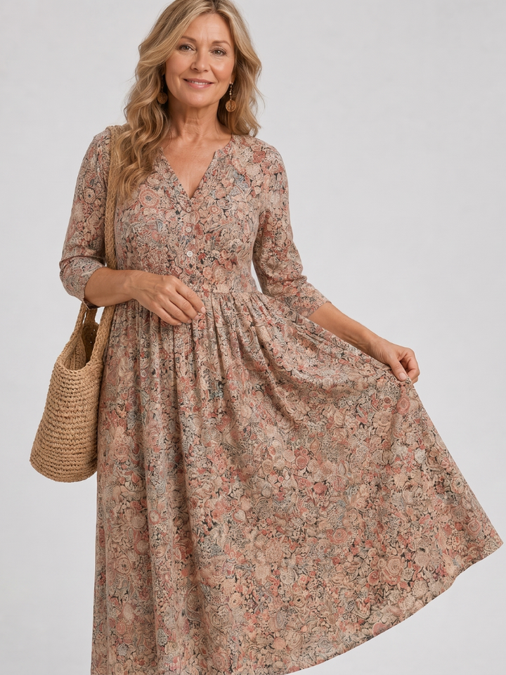Wietske | Midi-jurk met Strooibloemen in Beige