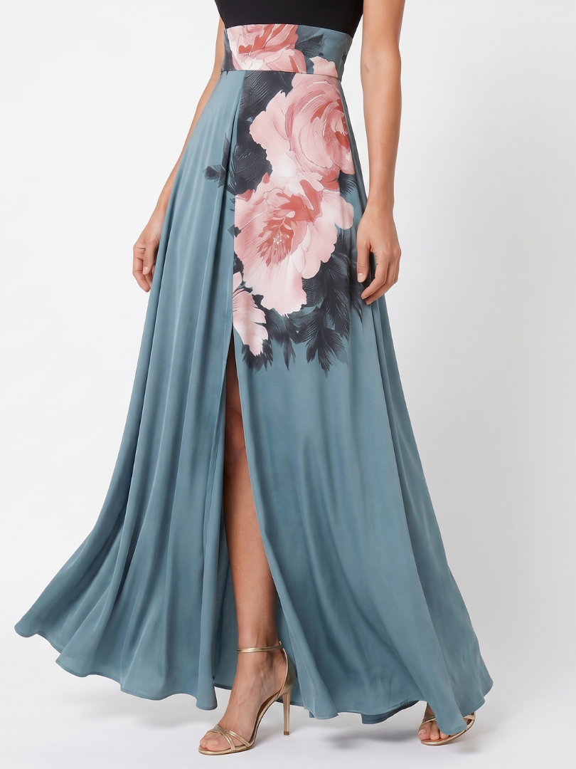 Vera | Maxi-jurk met Zwart Bovendeel en Bloemenrok