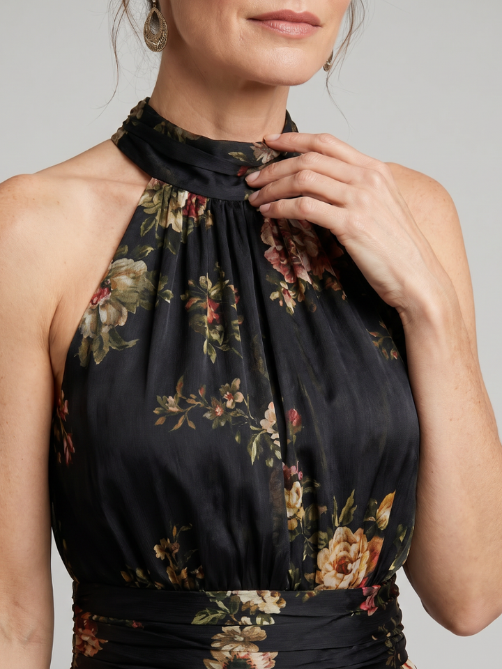 Miranda | Maxi-jurk met Rozenprint op Zwart