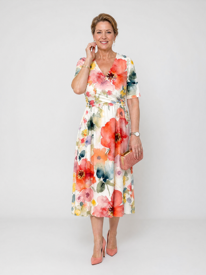 Gea | Midi-jurk met Aquarelbloemen