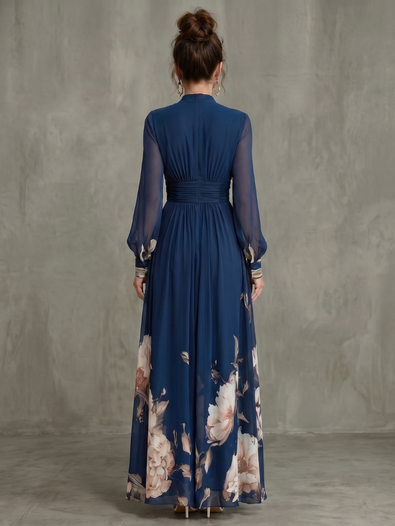 Erna | Maxi-jurk in Marineblauw met Bloemenrand