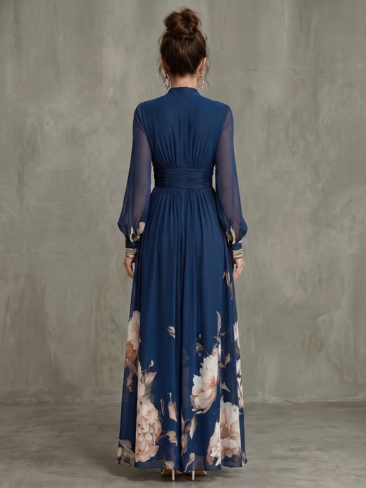 Erna | Maxi-jurk in Marineblauw met Bloemenrand