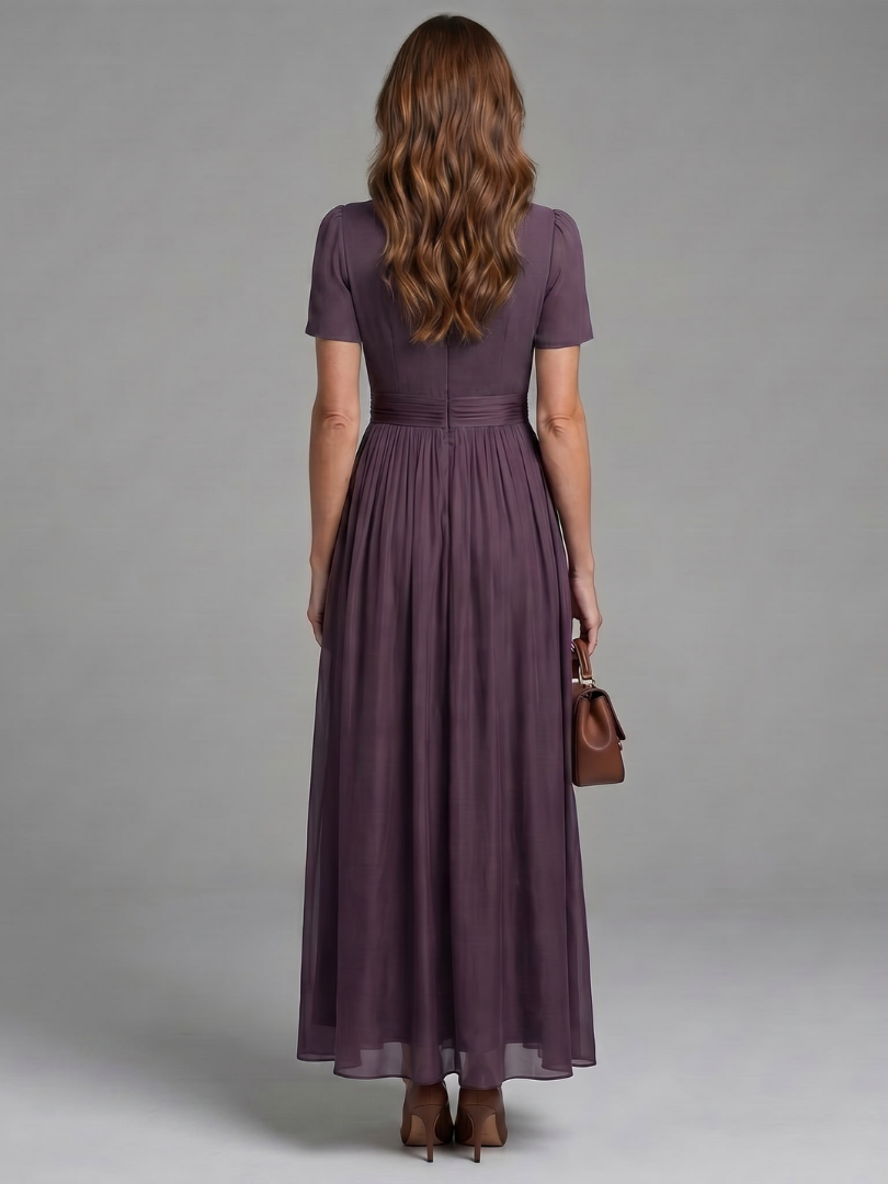 Denise | Maxi-jurk in Pruim met Pofmouwen