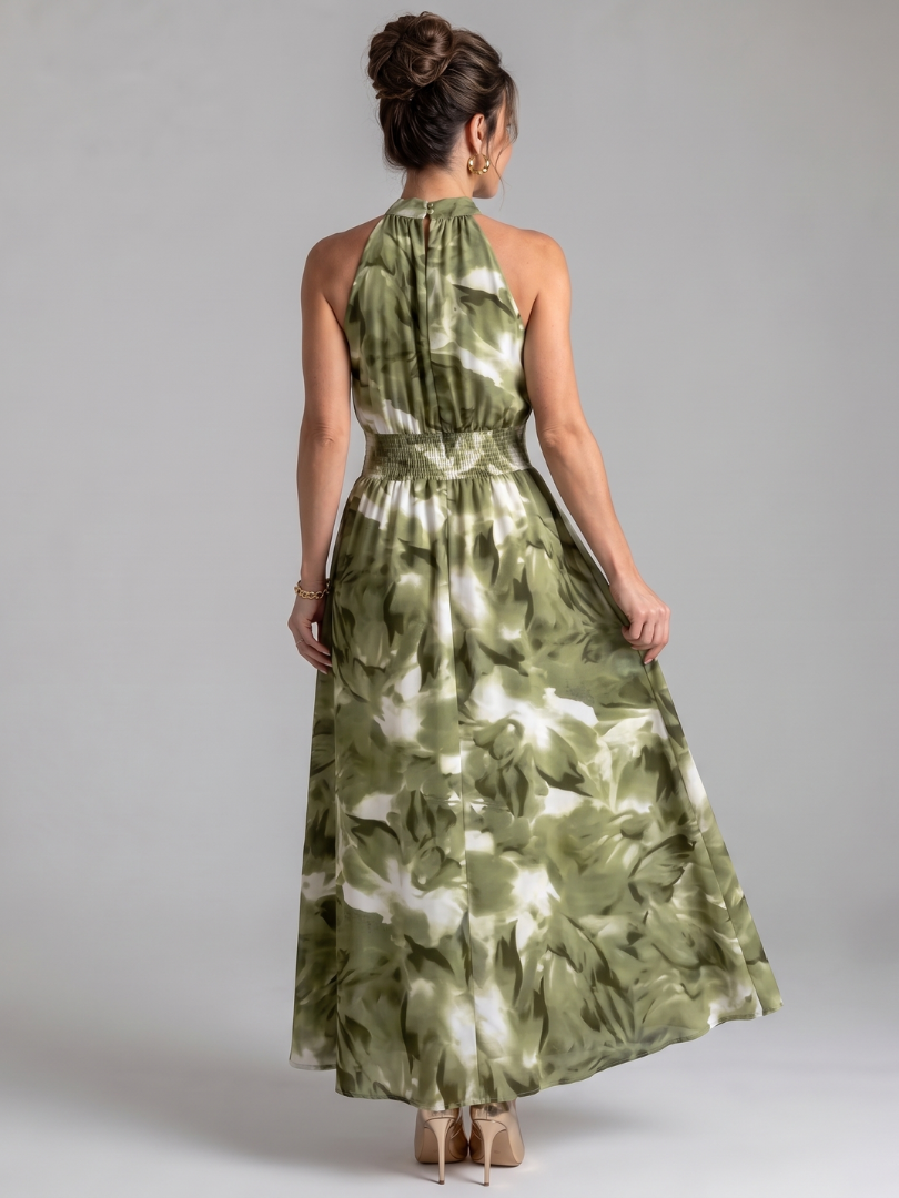 Claudia | Midi-jurk met Aquarelprint in Olijfgroen