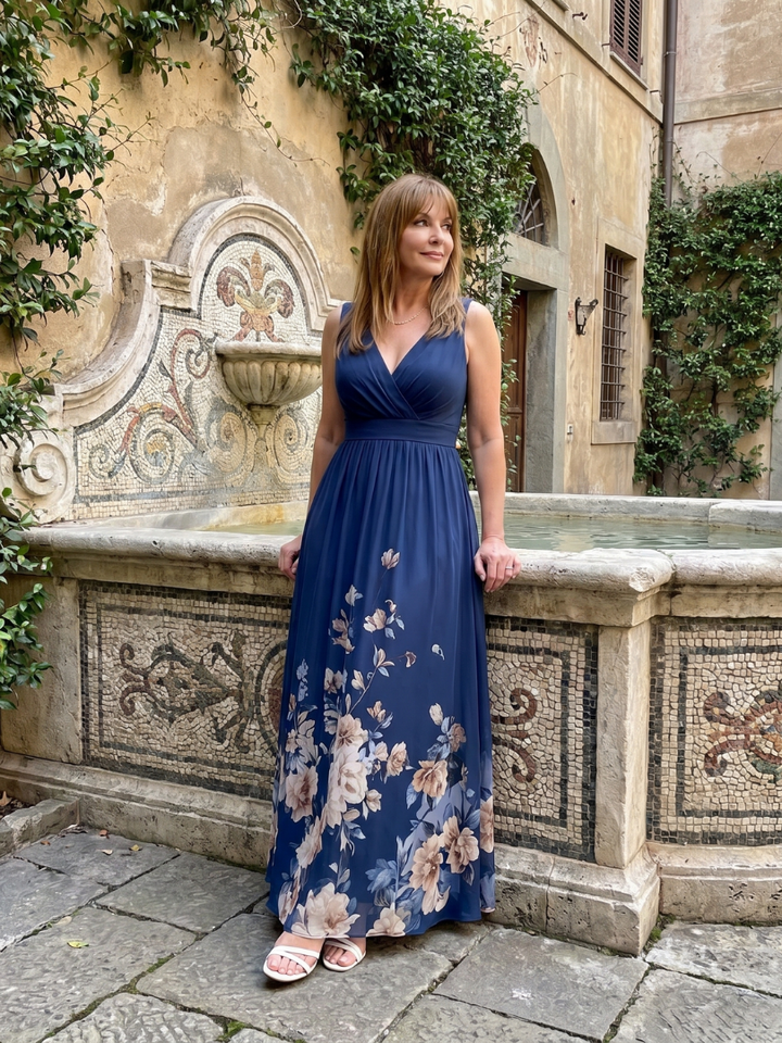 Yvette | Maxi-jurk met Bloemenzoom in Marineblauw