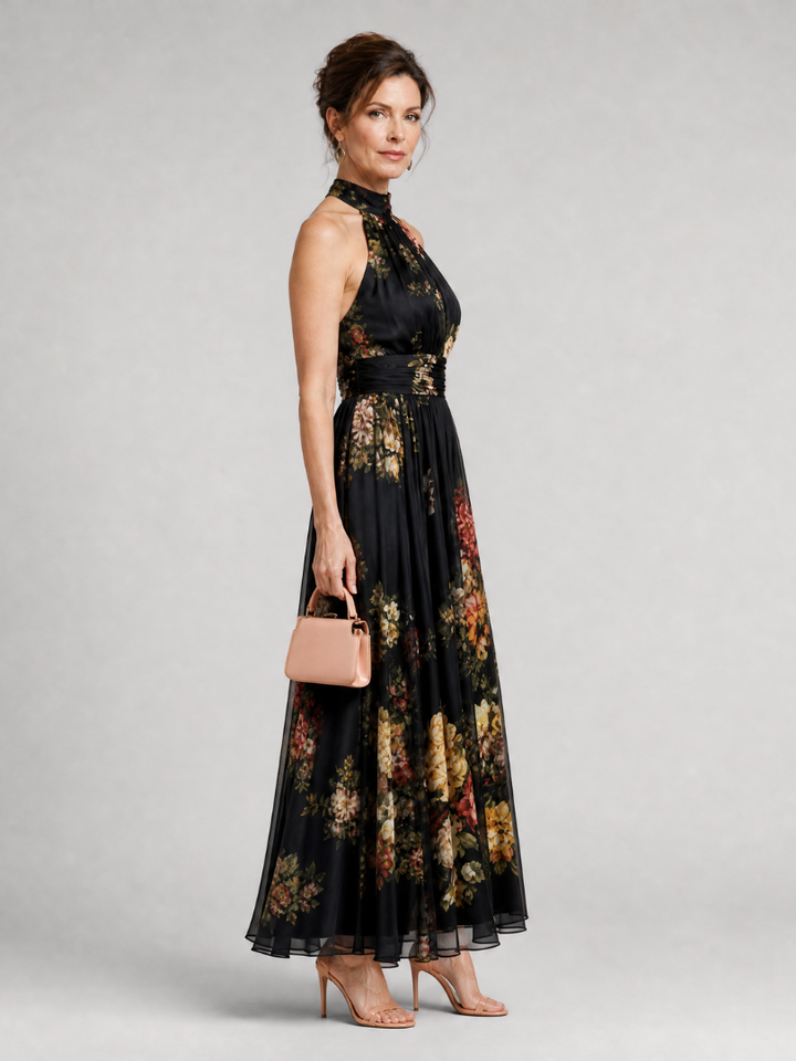 Miranda | Maxi-jurk met Rozenprint op Zwart