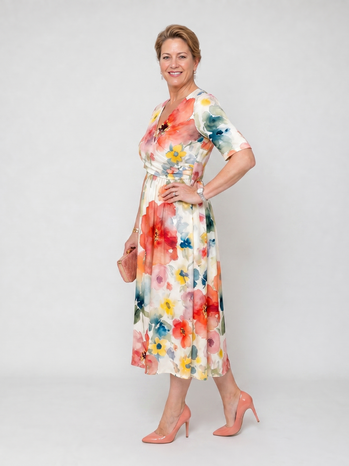 Gea | Midi-jurk met Aquarelbloemen