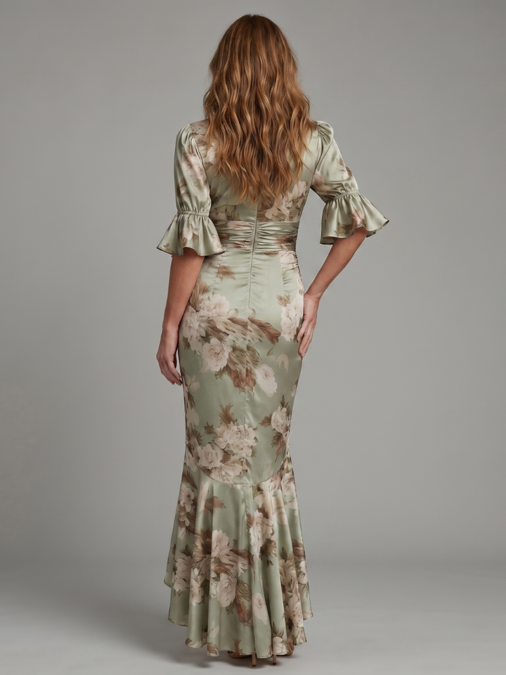 Marja | Midi-jurk met Bloemenprint in Saliegroen