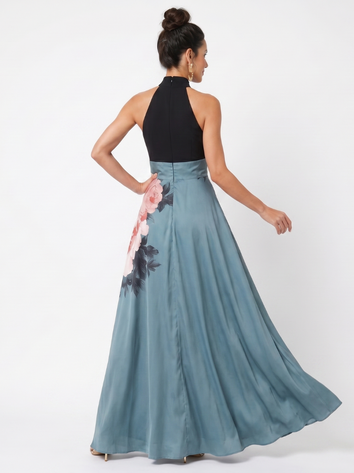 Vera | Maxi-jurk met Zwart Bovendeel en Bloemenrok