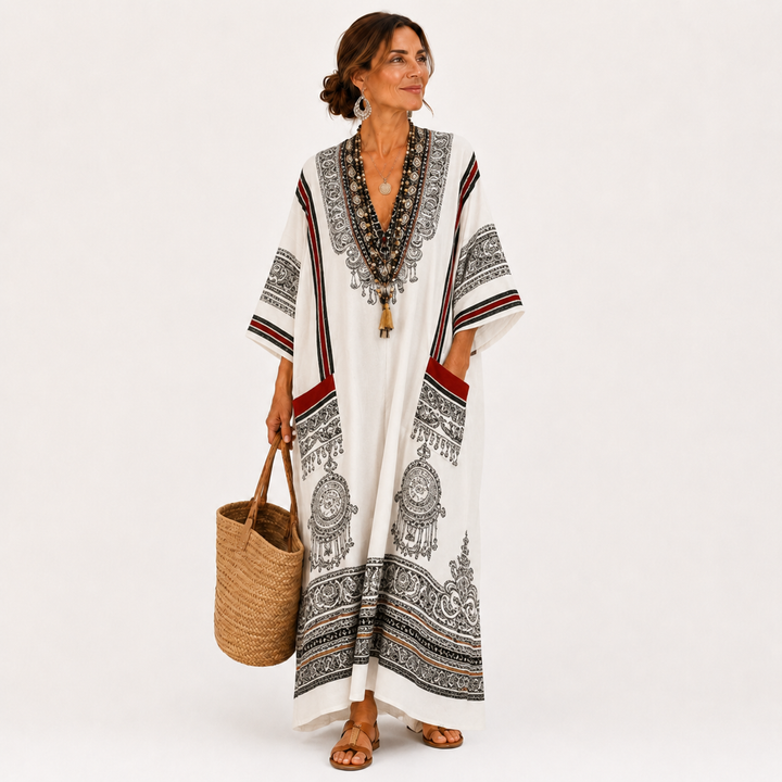 Grietje | Witte Kaftan met Etnisch Motief