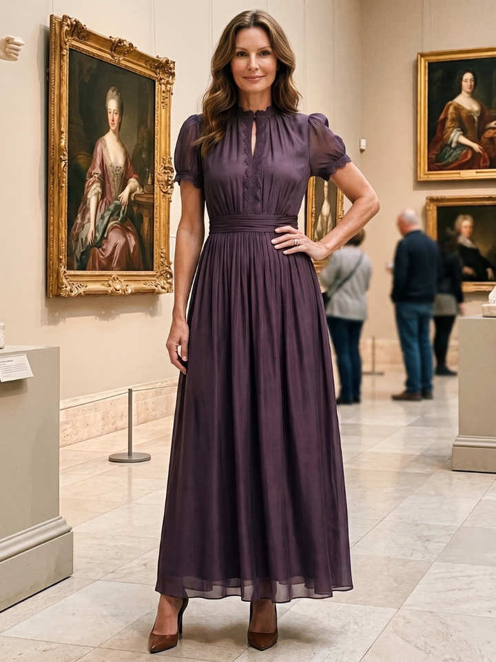 Denise | Maxi-jurk in Pruim met Pofmouwen